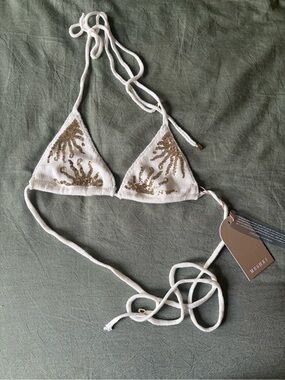 Meshki White Triangle Knit Bandeau Top with Gold Sequin Accents